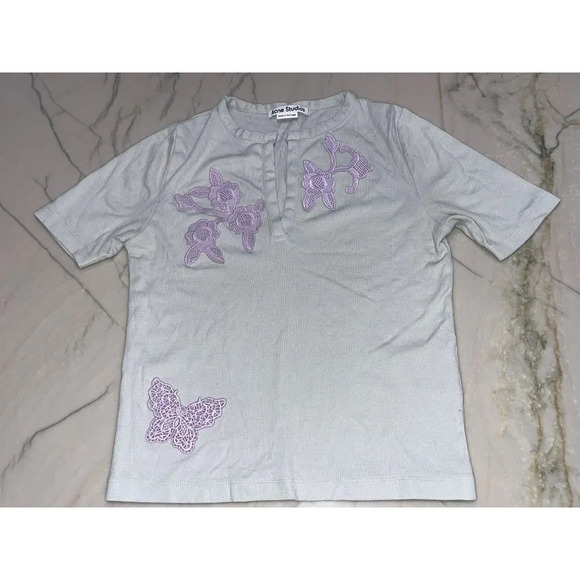 ACNE STUDIOS Embroidered Crop Tee in Ice Blue Small New Tshirt Blouse Womens - Picture 4 of 9